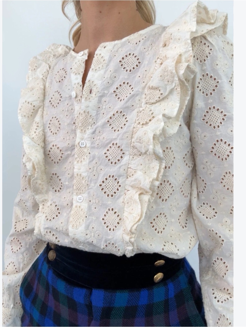 Broderie Anglaise Ruffle Shirt - Cream